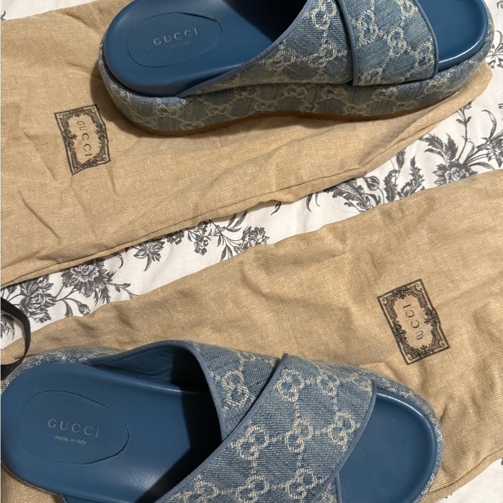 Gucci Blue Denim Monogram Platform Slides - Picture 9 of 9